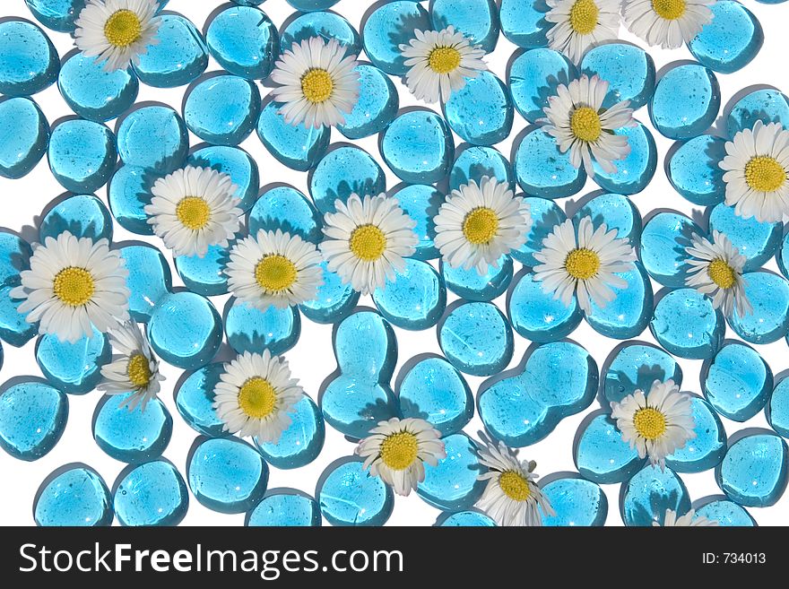 Nice background for a summer feeling, blue glass with daisies. Nice background for a summer feeling, blue glass with daisies.