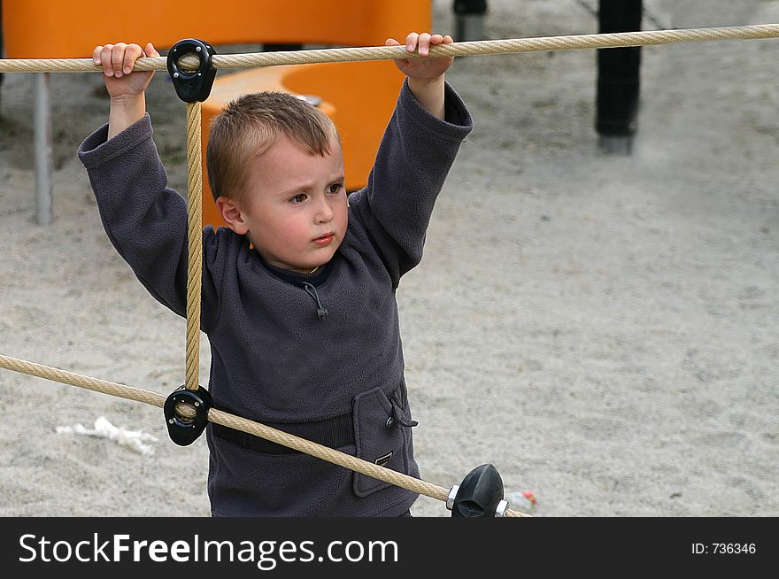Little boy hanging on a rope in the park