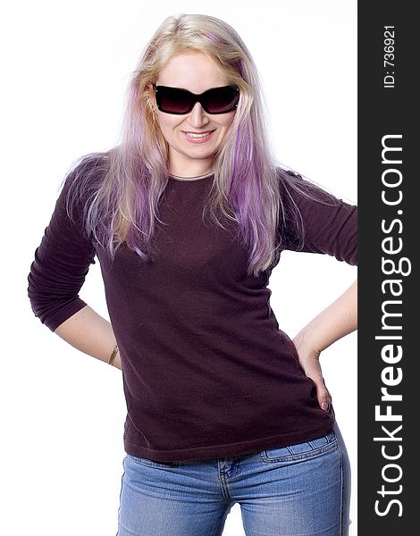 Laughing pretty girl with long violet hair and dark sunglasses. Laughing pretty girl with long violet hair and dark sunglasses