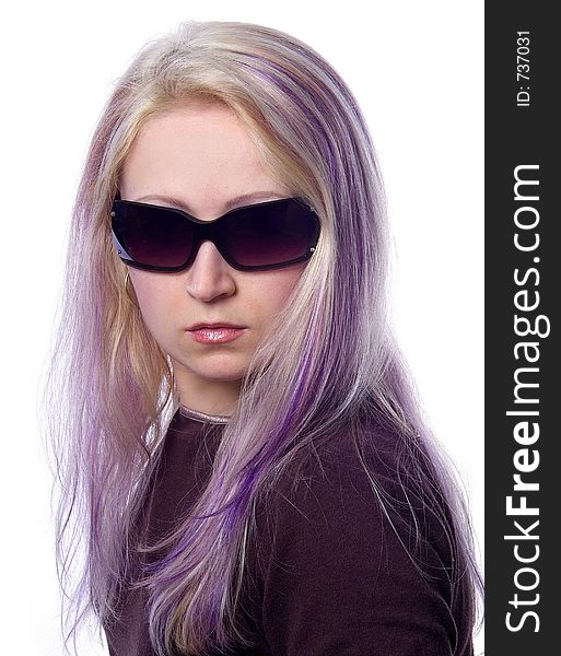 Pretty girl with long violet hair and dark sunglasses looking direct. Pretty girl with long violet hair and dark sunglasses looking direct