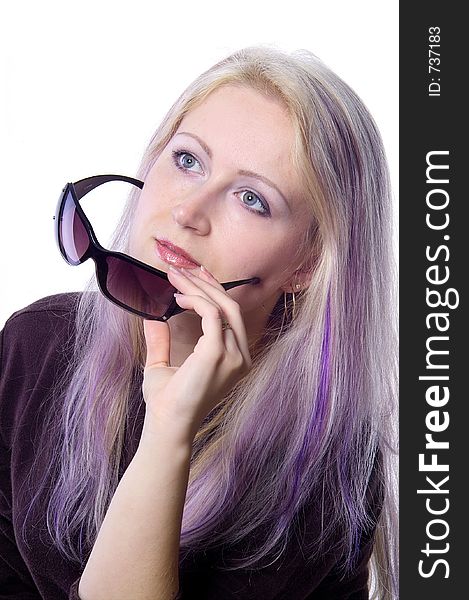 Pretty girl with long violet hair and dark sunglasses. Pretty girl with long violet hair and dark sunglasses