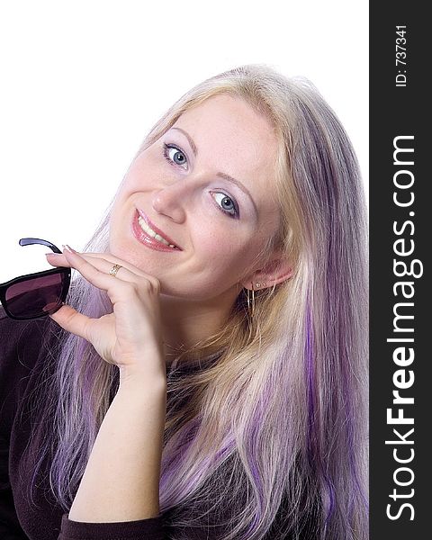 Smiling pretty girl with long violet hair and dark sunglasses. Smiling pretty girl with long violet hair and dark sunglasses