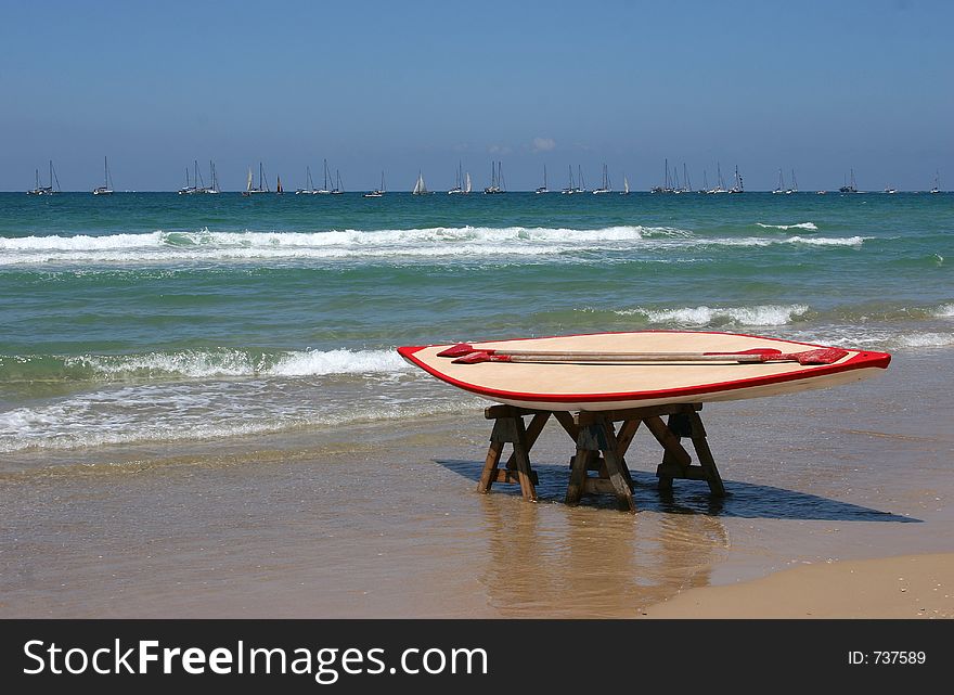 Life guard rescue boat on the beach