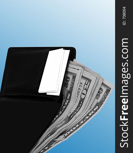 Wallet ,Money and blank business cards over blue and white gradient background,. Wallet ,Money and blank business cards over blue and white gradient background,