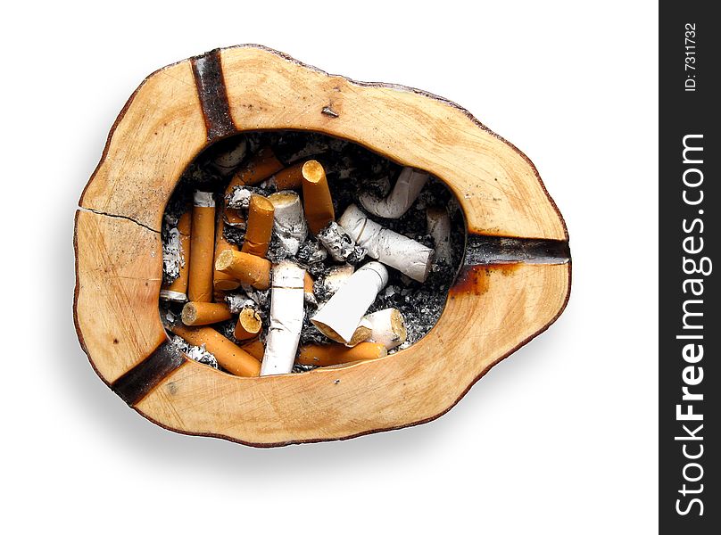 Wooden ashtray with cigarette butts -with clipping path