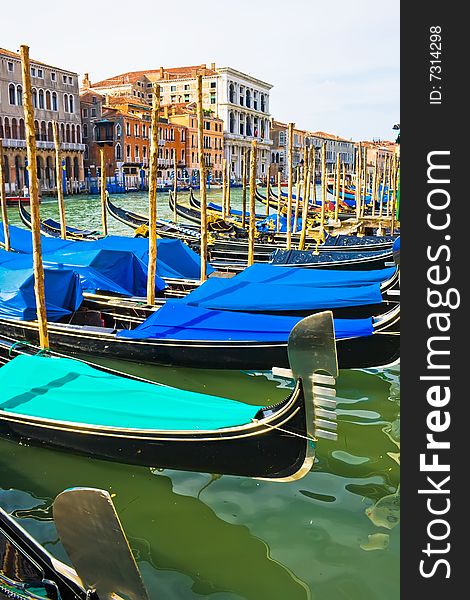 Gondolas anchored on Grand Canal, Venice Italy. Gondolas anchored on Grand Canal, Venice Italy