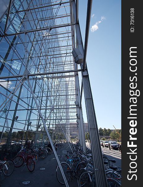 Dramatic steel wire and glass construction at Sanoma House, Helsinki, Finland. Dramatic steel wire and glass construction at Sanoma House, Helsinki, Finland.