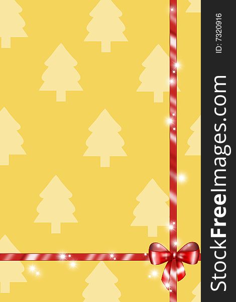 A red ribbon on a yellow gift wrapping paper decorated with little christmas trees. Digital illustration. A red ribbon on a yellow gift wrapping paper decorated with little christmas trees. Digital illustration.