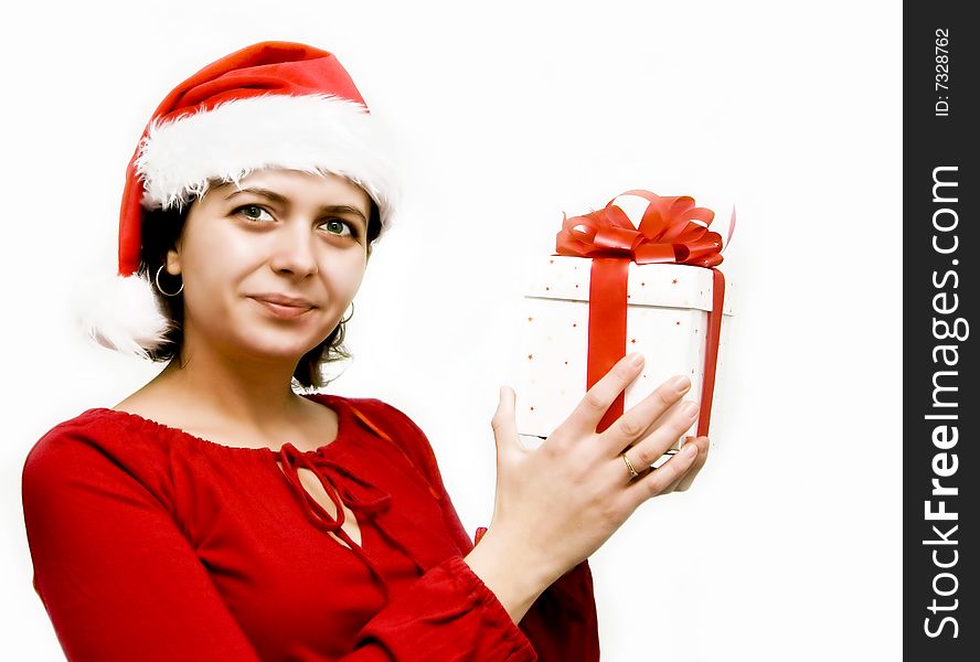 Christmas woman with Santa's hat and gift. Christmas woman with Santa's hat and gift