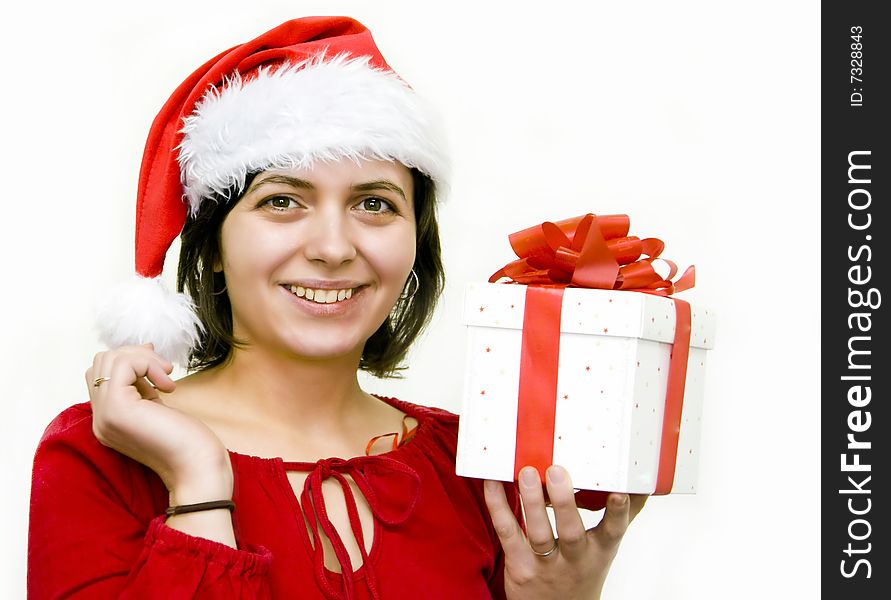 Christmas woman with Santa's hat and gift. Christmas woman with Santa's hat and gift