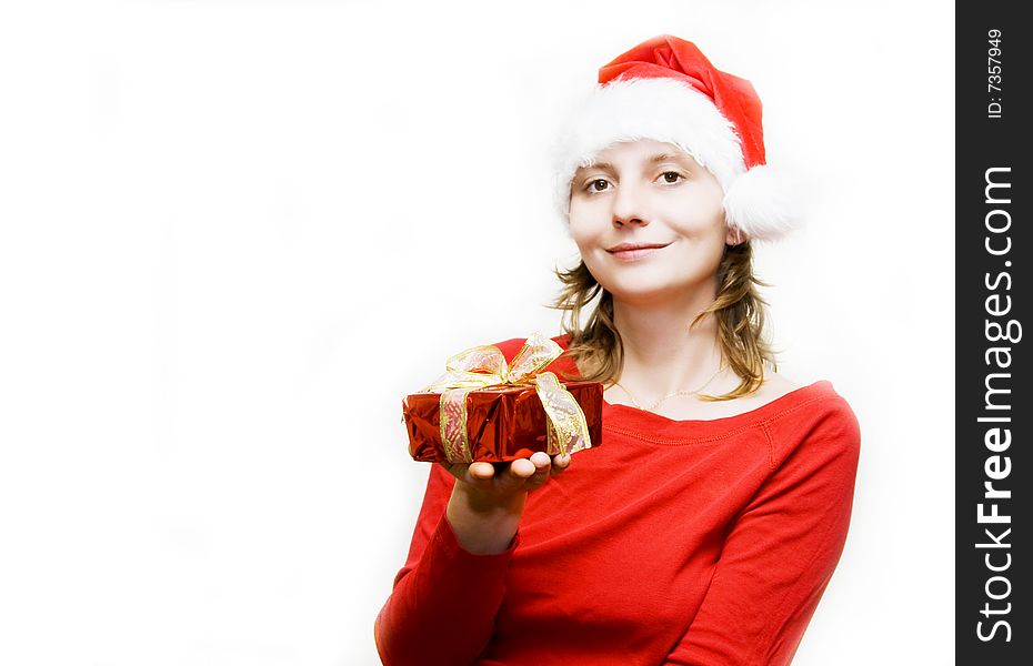 Christmas woman with gift isolated on white