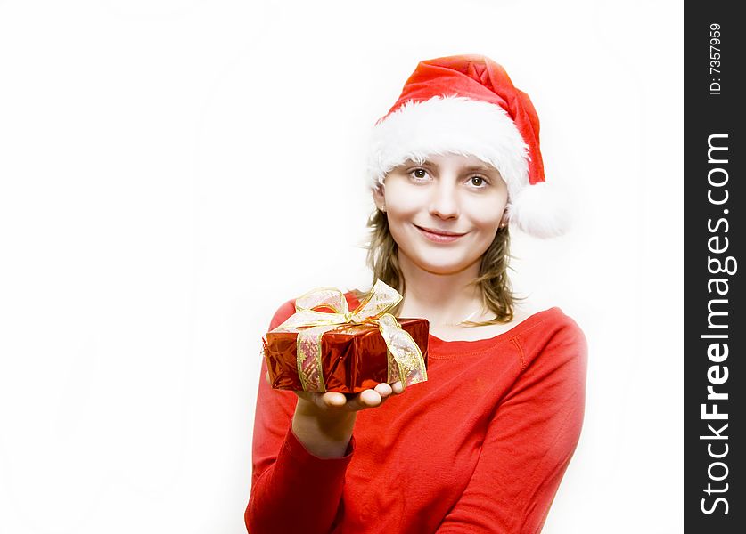 Christmas woman with gift isolated on white