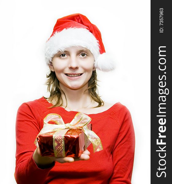 Christmas woman with gift isolated on white