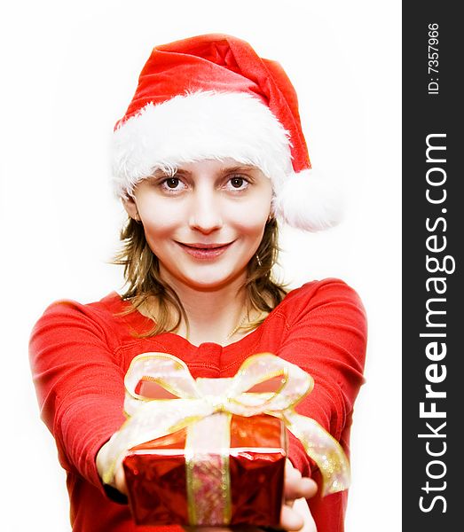 Christmas woman with gift isolated on white