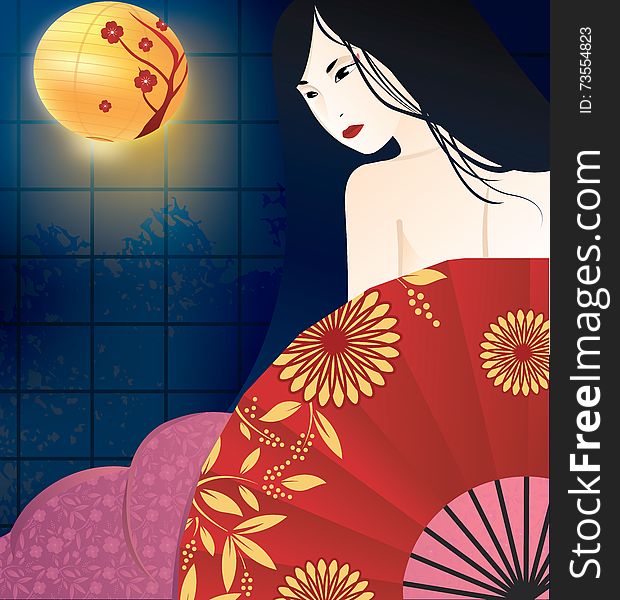 Japanese geisha illustration with folding fan