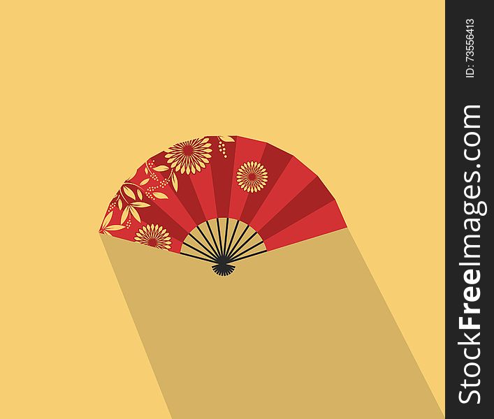 Red japan folding fan on the yellow background. Vector illustration. Red japan folding fan on the yellow background. Vector illustration