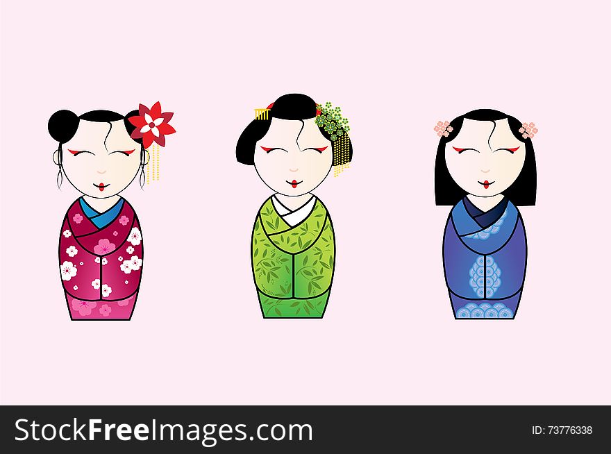 Vector illustration of cute japanese geisha set