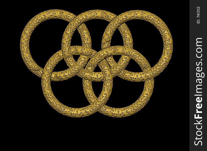 Five golden and rough circles on black background