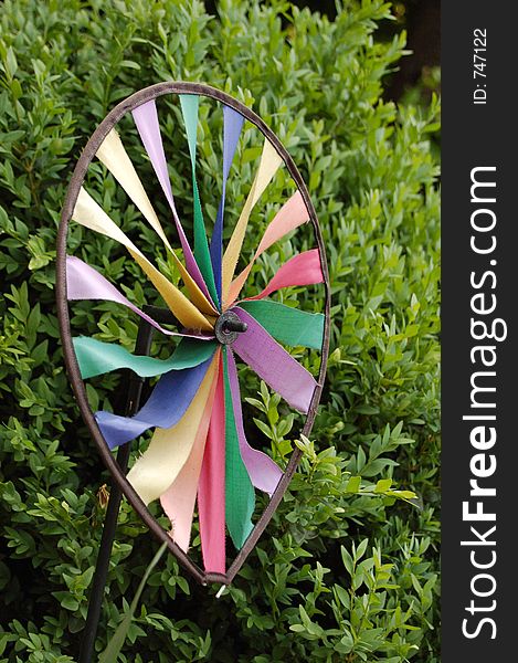 A colored wind wheel in front of a green hedge. A colored wind wheel in front of a green hedge