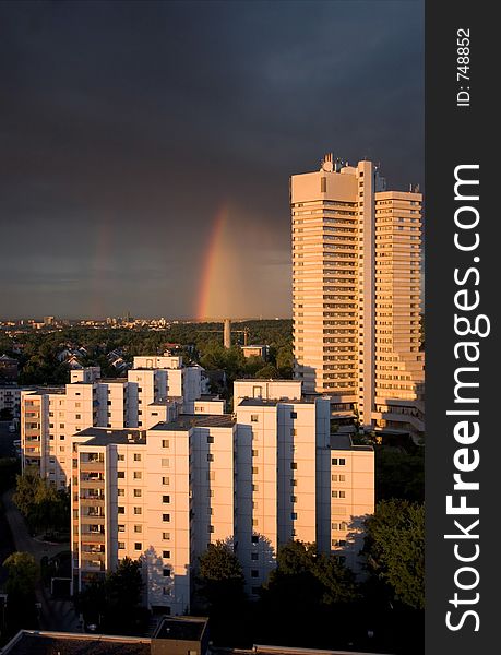 Rainbow at sunset after storm in Frankfurt, Germany. Suburb of Sachsenhausen. Rainbow at sunset after storm in Frankfurt, Germany. Suburb of Sachsenhausen