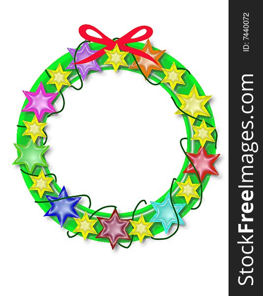 Beautiful wreath with shiny stars and ribbon.