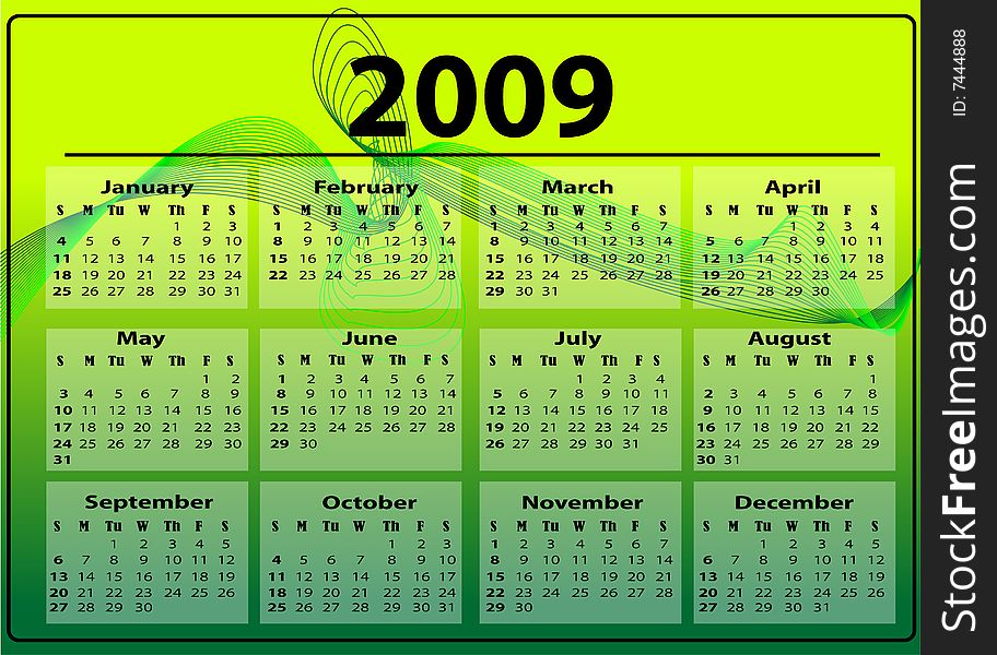 2009 calendar with green background