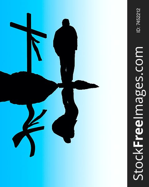 Silhouette of man and cross and reflection - illustration in blue tones. Silhouette of man and cross and reflection - illustration in blue tones