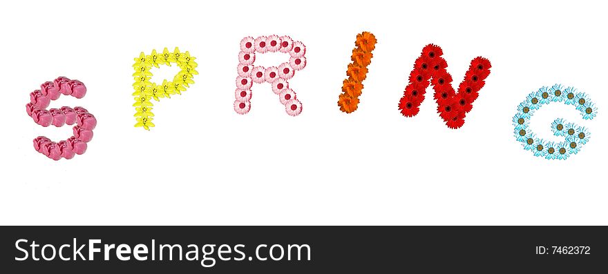 The word Spring spelt out with different bright colourful flowers for each letter.  Daisies, tulips, lilies and more. The word Spring spelt out with different bright colourful flowers for each letter.  Daisies, tulips, lilies and more.