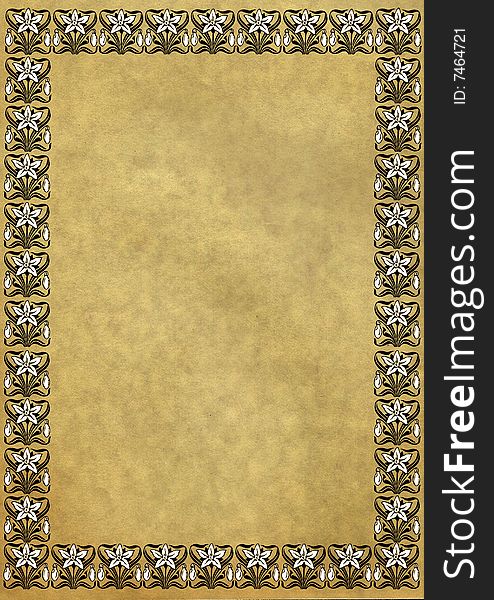 A view of old, antiqued and yellowed paper with a decorative border. A view of old, antiqued and yellowed paper with a decorative border.