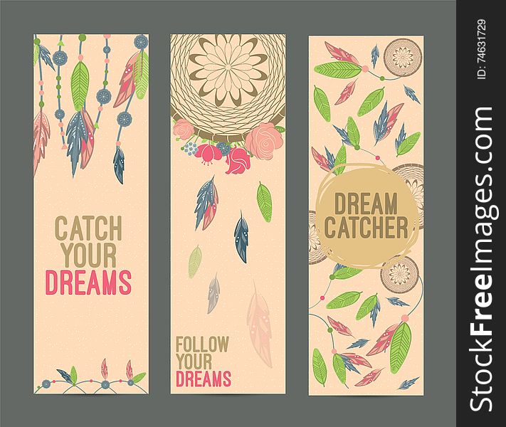 Hand drawn native american dreamcatcher banner set with feathers and colorful flowers. Vector illustration isolated on white. Hand drawn native american dreamcatcher banner set with feathers and colorful flowers. Vector illustration isolated on white