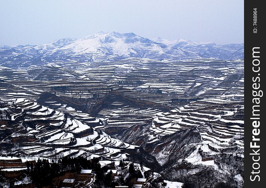 Winter terraced mountain snow China's Shaanxi. Winter terraced mountain snow China's Shaanxi