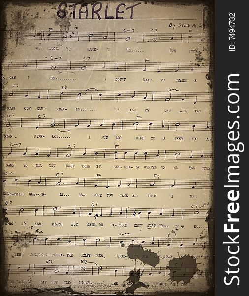 Old stained music sheet of a song entitled Starlet. Old stained music sheet of a song entitled Starlet