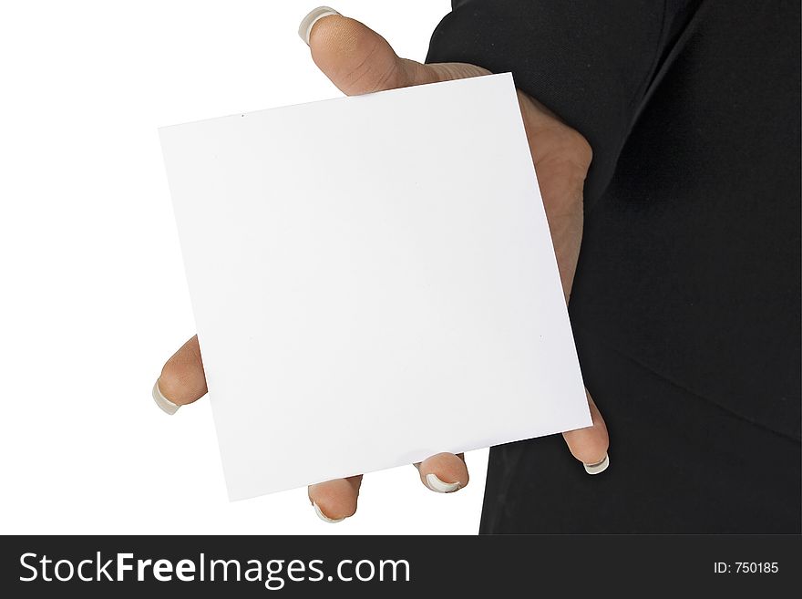 Woman's hand holding blank DVD Sleeve. Woman's hand holding blank DVD Sleeve.