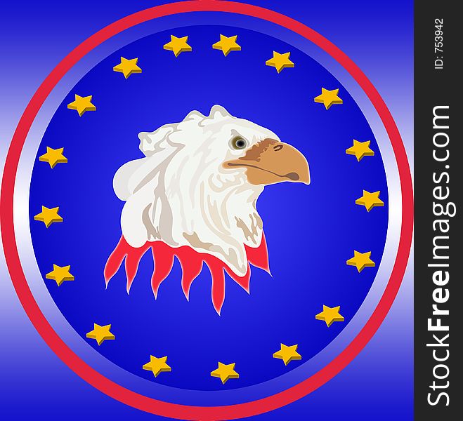 Eagle with circle of stars over blue background.