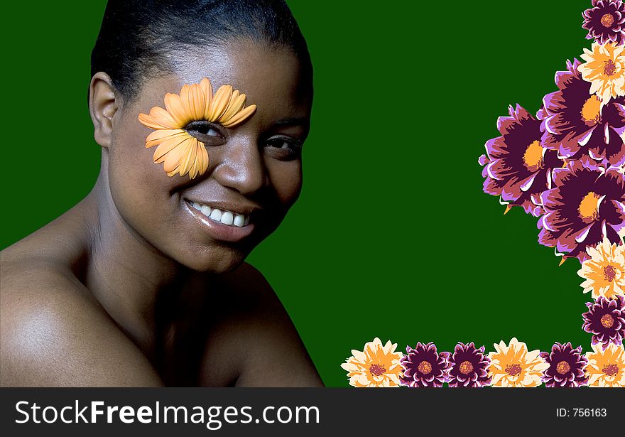 Attractive young black woman with Gerbera Daisy Eye. Attractive young black woman with Gerbera Daisy Eye