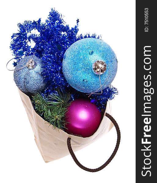 Christmas decoration in bag isolated on white background