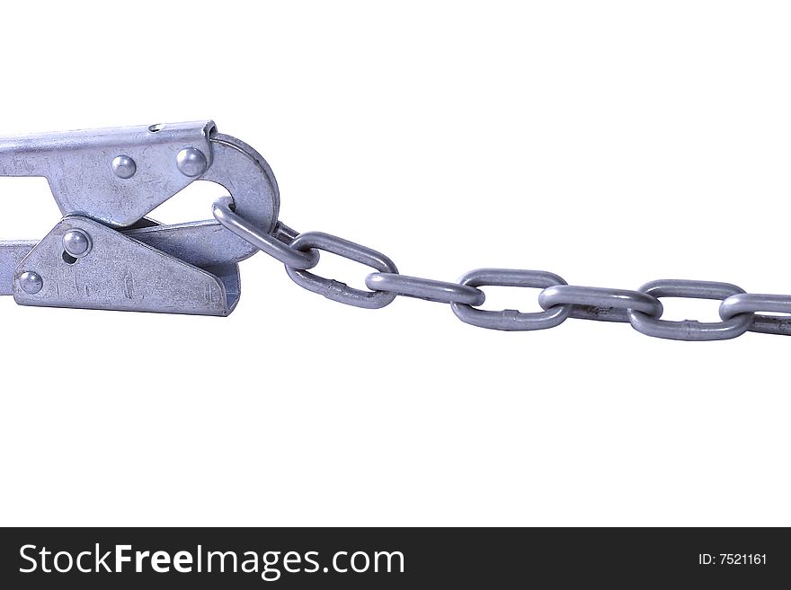 Metal chain and a shotgun. The concept of strength, unity, security and connection or idea of dependence on addictions. Isolated on a white background. Studio light. Metal chain and a shotgun. The concept of strength, unity, security and connection or idea of dependence on addictions. Isolated on a white background. Studio light.