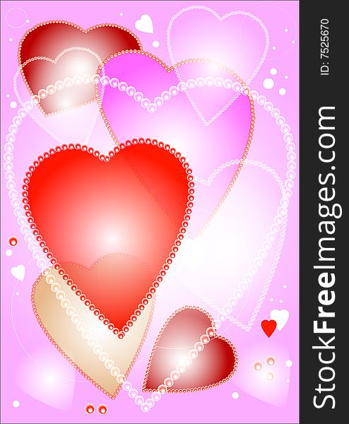 A background of pink and red hearts. A background of pink and red hearts.