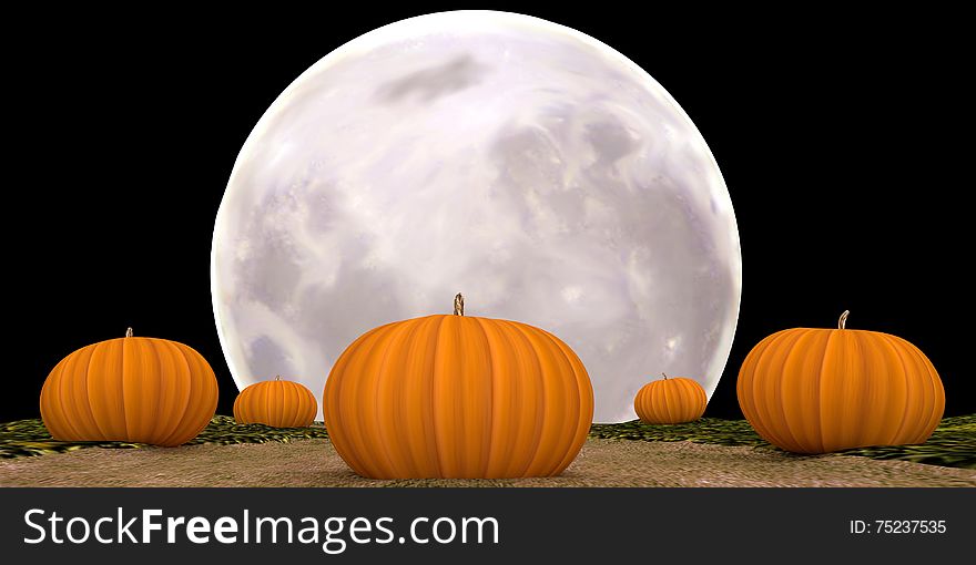 Autumn field with Halloween Moonlit Pumpkins.