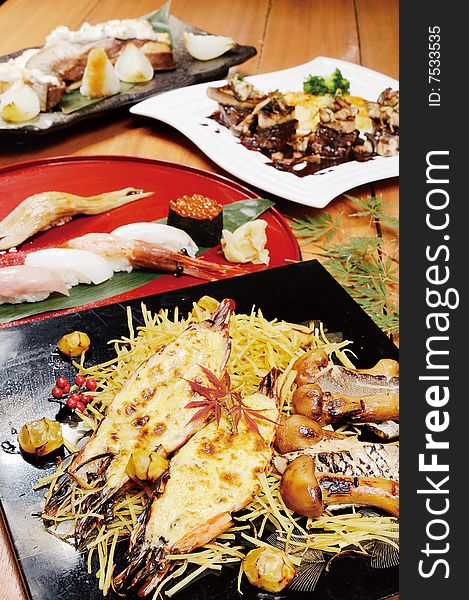 Japanese cuisine,sashimi,seafood,table. Japanese cuisine,sashimi,seafood,table
