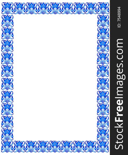 Close up of vintage style blue patterned frame illustration isolated on white background.
