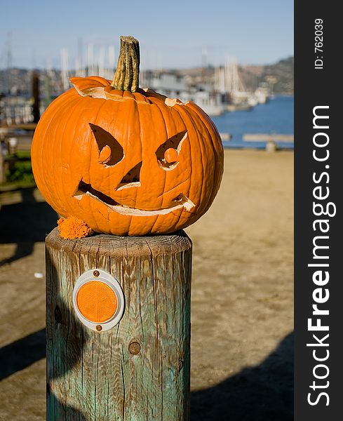 The Halloween pumpkin with view on a beach