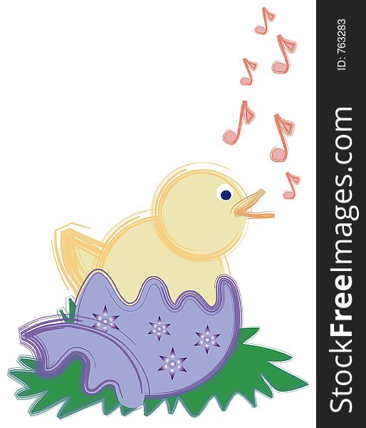 Illustrated Spring Chick In Pretty Egg.