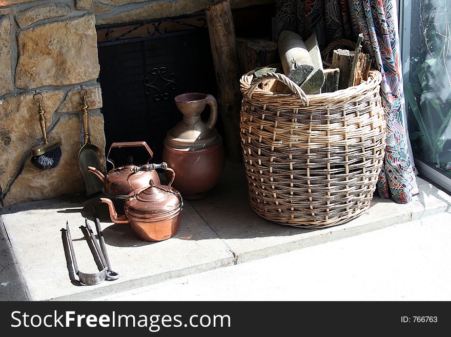 Antique Fireplace with Metal/Copperware