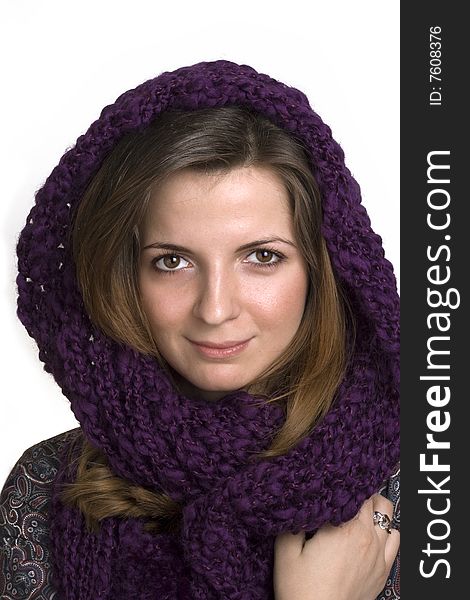 Girl with purple scarf on a white background. Girl with purple scarf on a white background