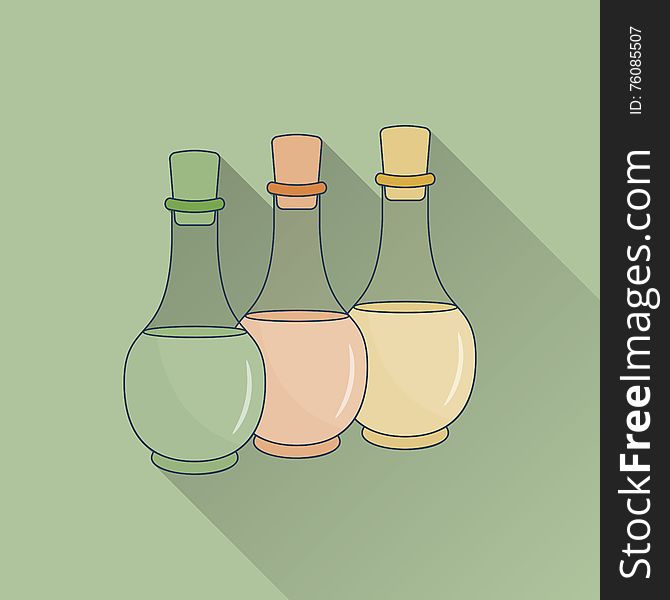 Hand drawn bottles of spa oils. Flat icon with long shadow. . Concept for beauty salon, massage, cosmetic and spa. Isolated high quality vector. Easy to use business template. Hand drawn bottles of spa oils. Flat icon with long shadow. . Concept for beauty salon, massage, cosmetic and spa. Isolated high quality vector. Easy to use business template.