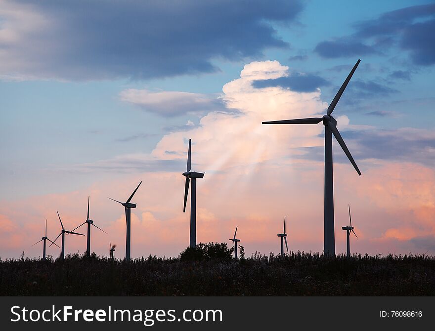 Many wind turbines al sunset on summer day