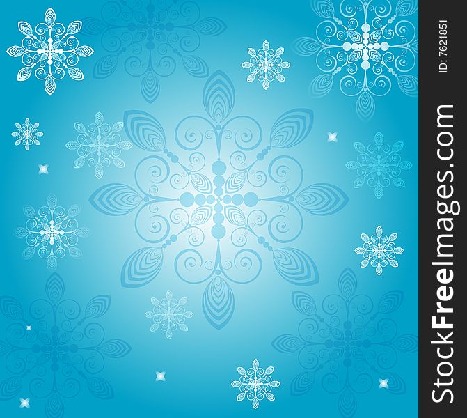 An illustrated blue background with an abstract floral design with snowflakes. An illustrated blue background with an abstract floral design with snowflakes.