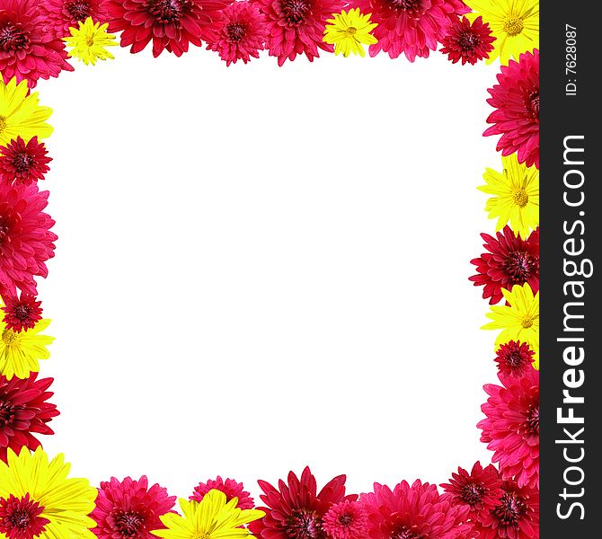 Flowers red yellow in form frame on white background