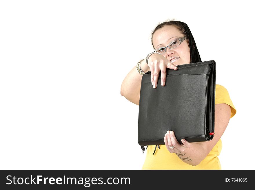 Businesswoman offers black bag to you. Businesswoman offers black bag to you